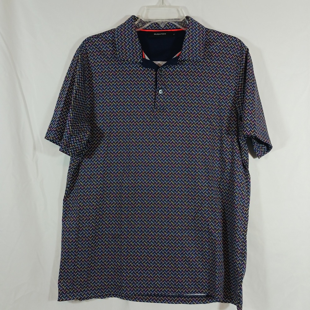 Bugatchi Polo Shirt Mens L Blue Excellent Geometric Mercerized Cotton MF2243